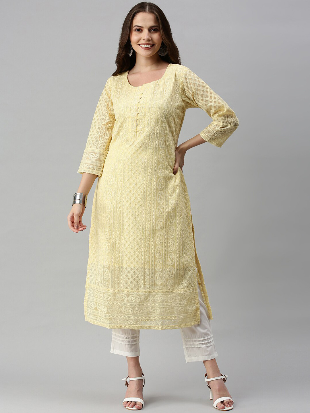 

Soch Women Yellow Ethnic Motifs Embroidered Chikankari Georgette Kurta