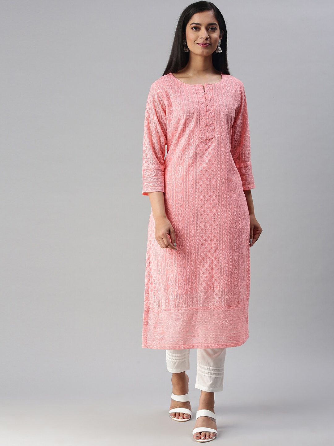 

Soch Women Peach-Coloured Ethnic Motifs Embroidered Chikankari Georgette Kurta