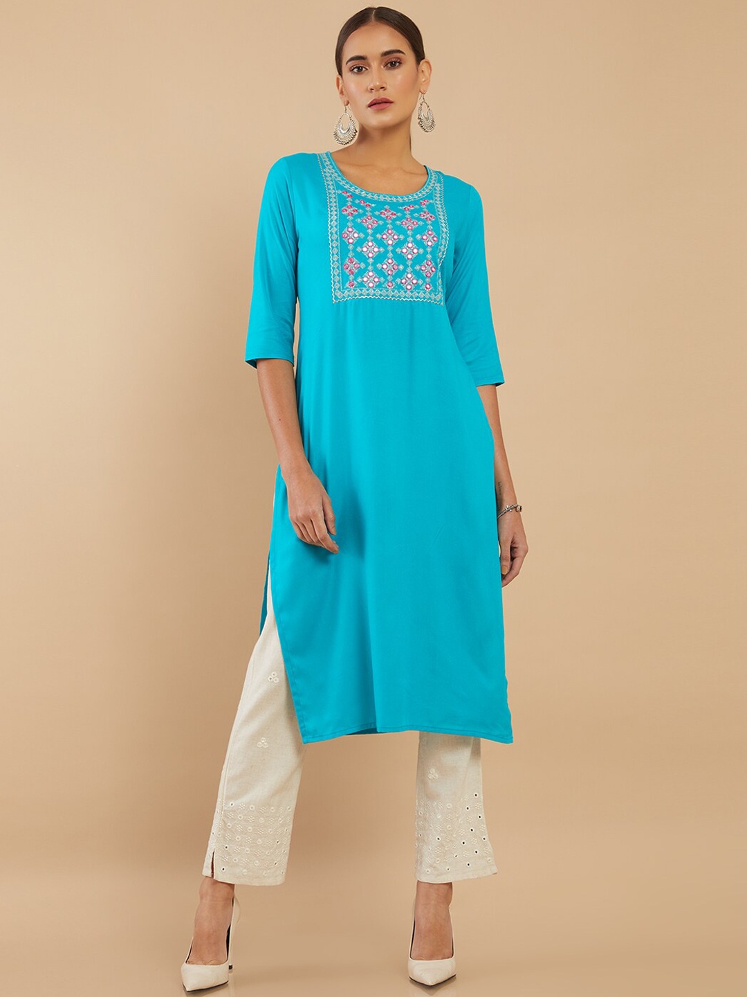 

Soch Women Blue Yoke Design Thread Work Kurta