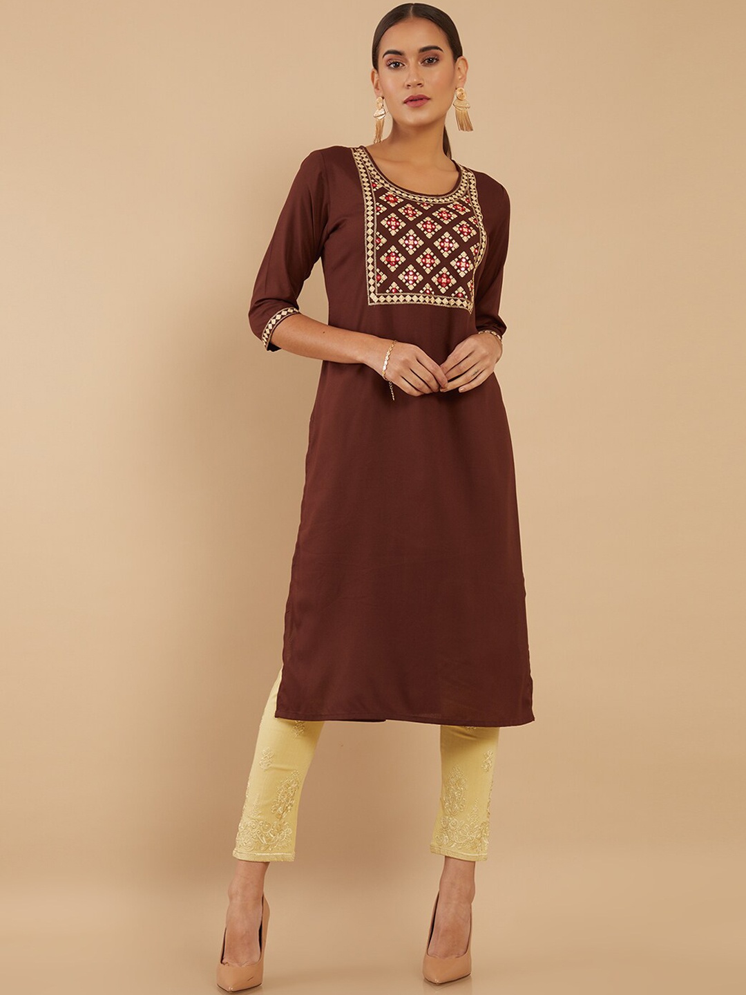 

Soch Women Brown Ethnic Motifs Embroidered Thread Work Kurta