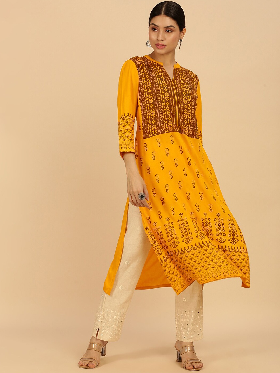 

Soch Women Mustard Yellow Geometric Printed Kurta