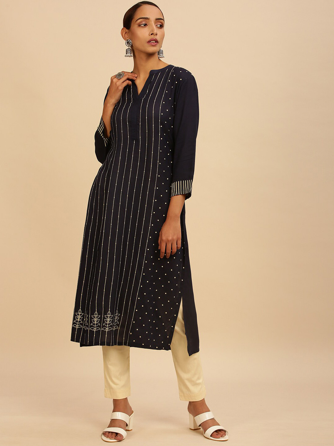 

Soch Women Navy Blue Geometric Printed Thread Work Kurta