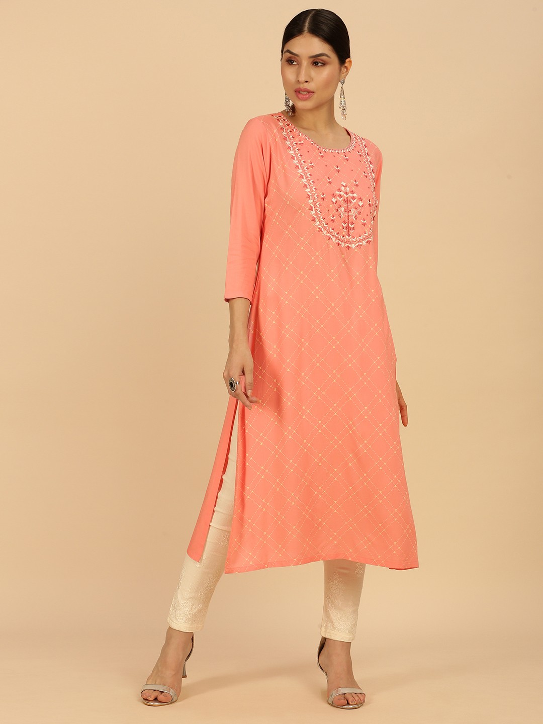 

Soch Women Peach-Coloured Ethnic Motifs Embroidered Thread Work Kurta