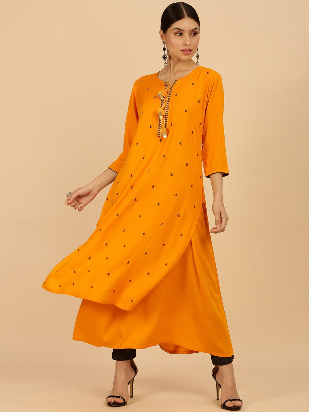 

Soch Women Mustard Yellow Ethnic Motifs Embroidered Keyhole Neck Kurta