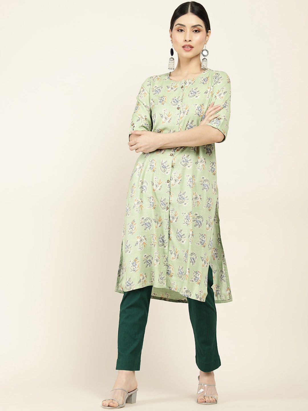 

Soch Women Green Ethnic Motifs Printed Thread Work Kurta