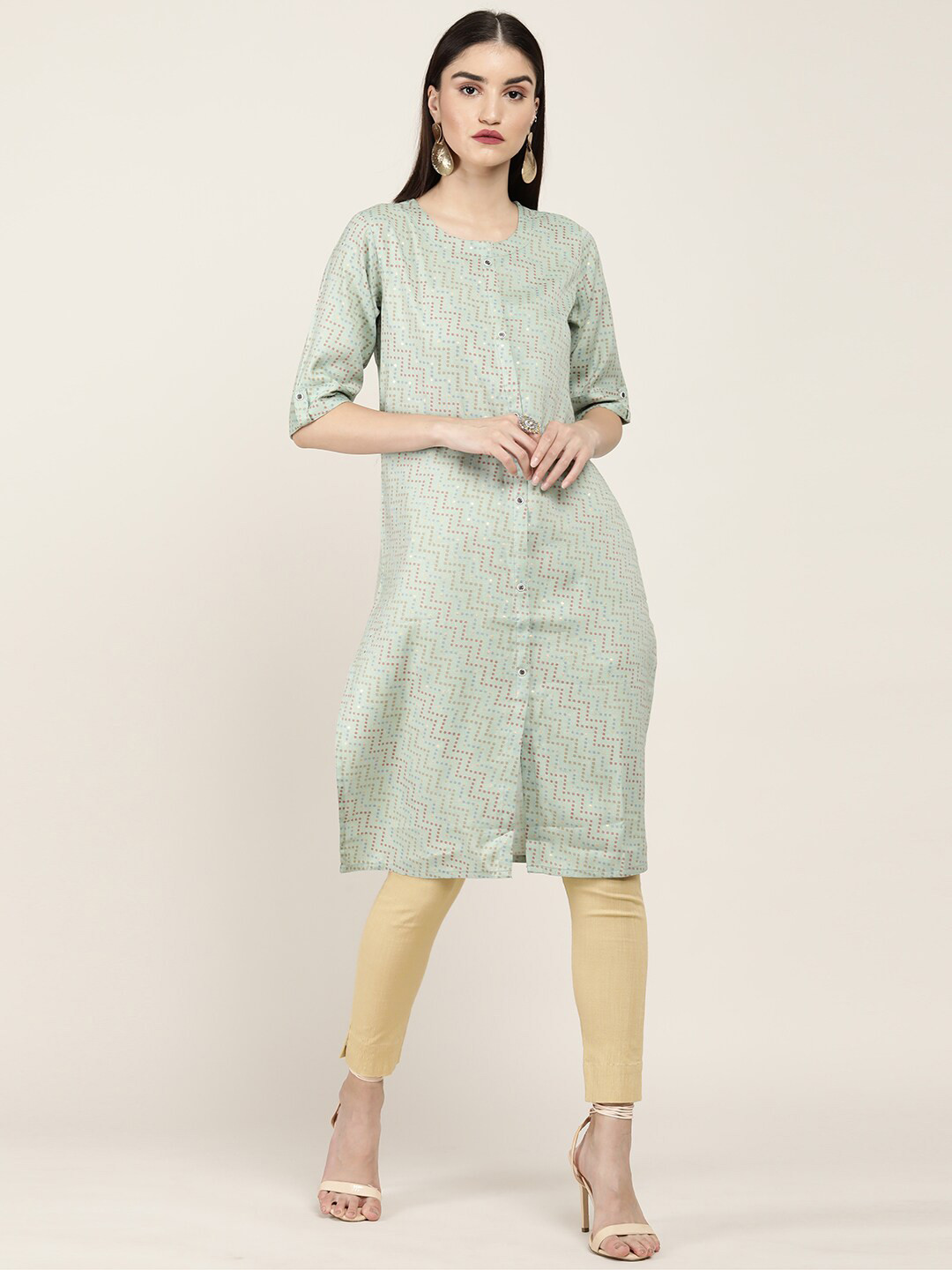 

Soch Women Green Geometric Printed Thread Work Kurta
