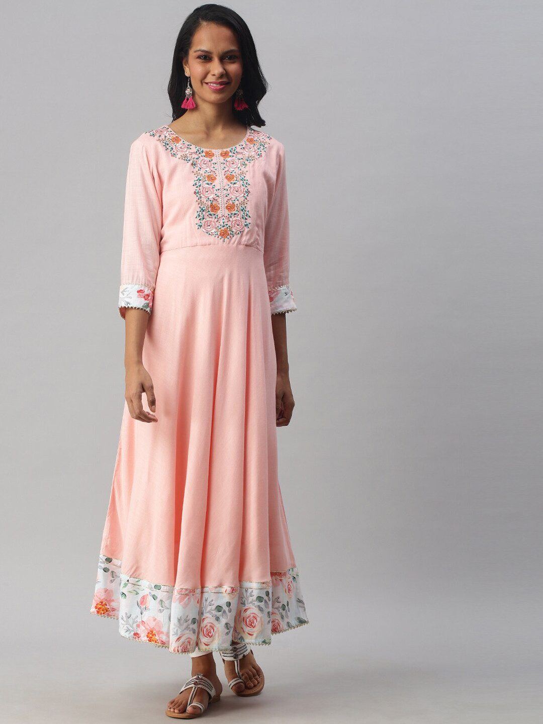 

Soch Women Peach-Coloured Floral Embroidered Thread Work Anarkali Kurta