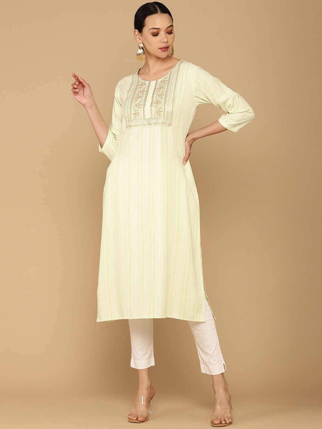 

Soch Women Green Striped Keyhole Neck Flared Sleeves Thread Work Anarkali Kurta