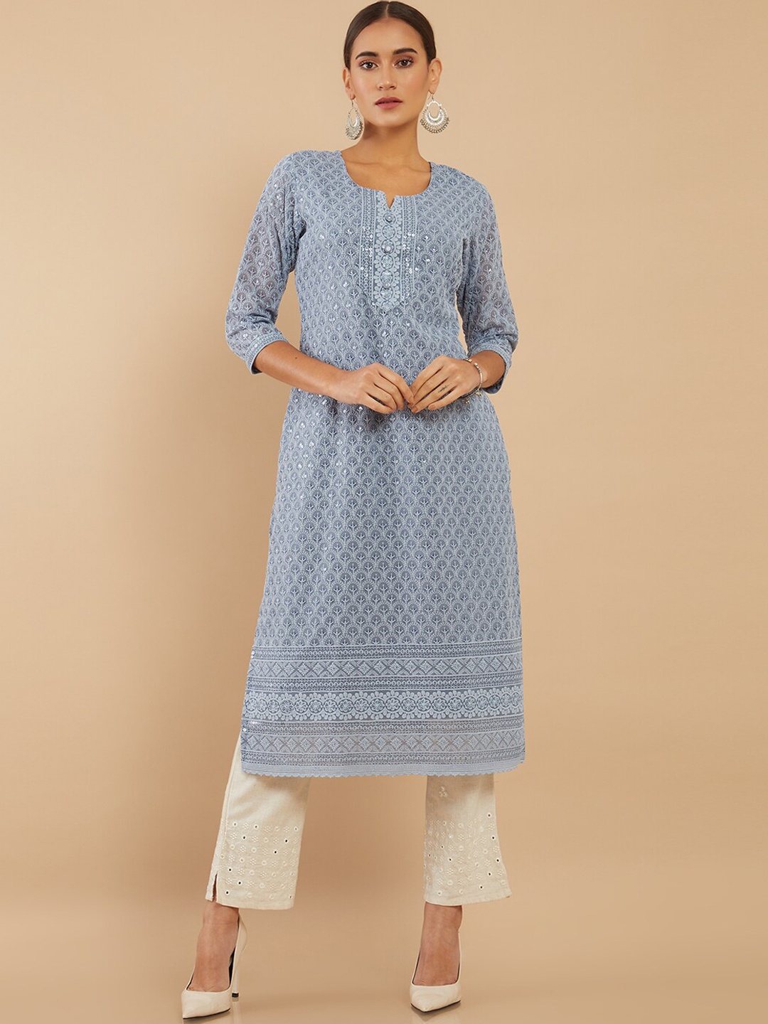 

Soch Women Blue Ethnic Motifs Embroidered Keyhole Neck Thread Work Georgette Kurta