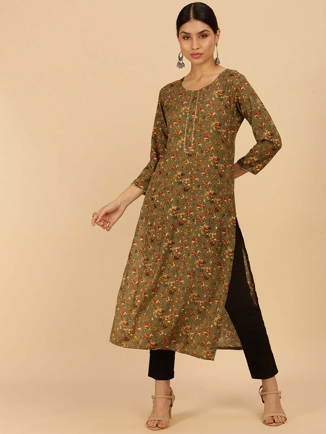 

Soch Women Olive Green Floral Printed Kurta