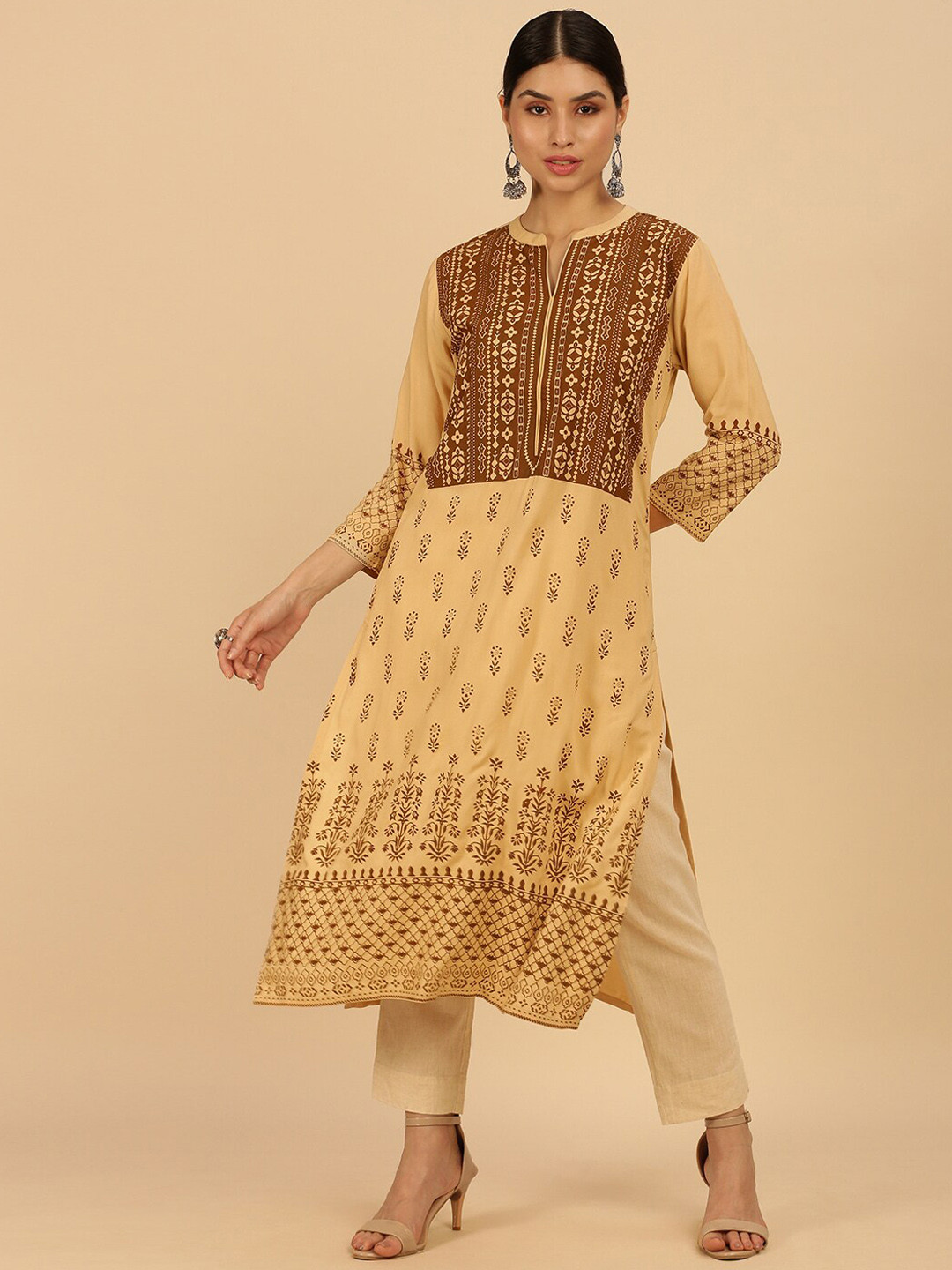 

Soch Women Beige Ethnic Motifs Printed Keyhole Neck Thread Work Kurta