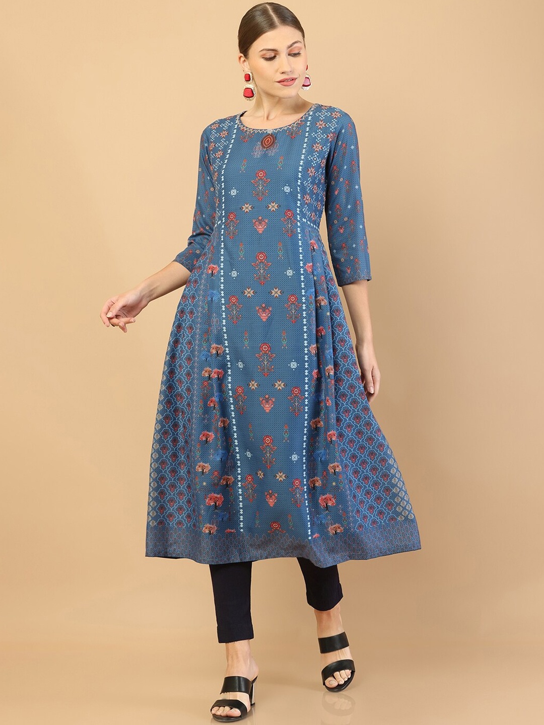 

Soch Women Blue Floral Printed Thread Work Chanderi Silk Anarkali Kurta