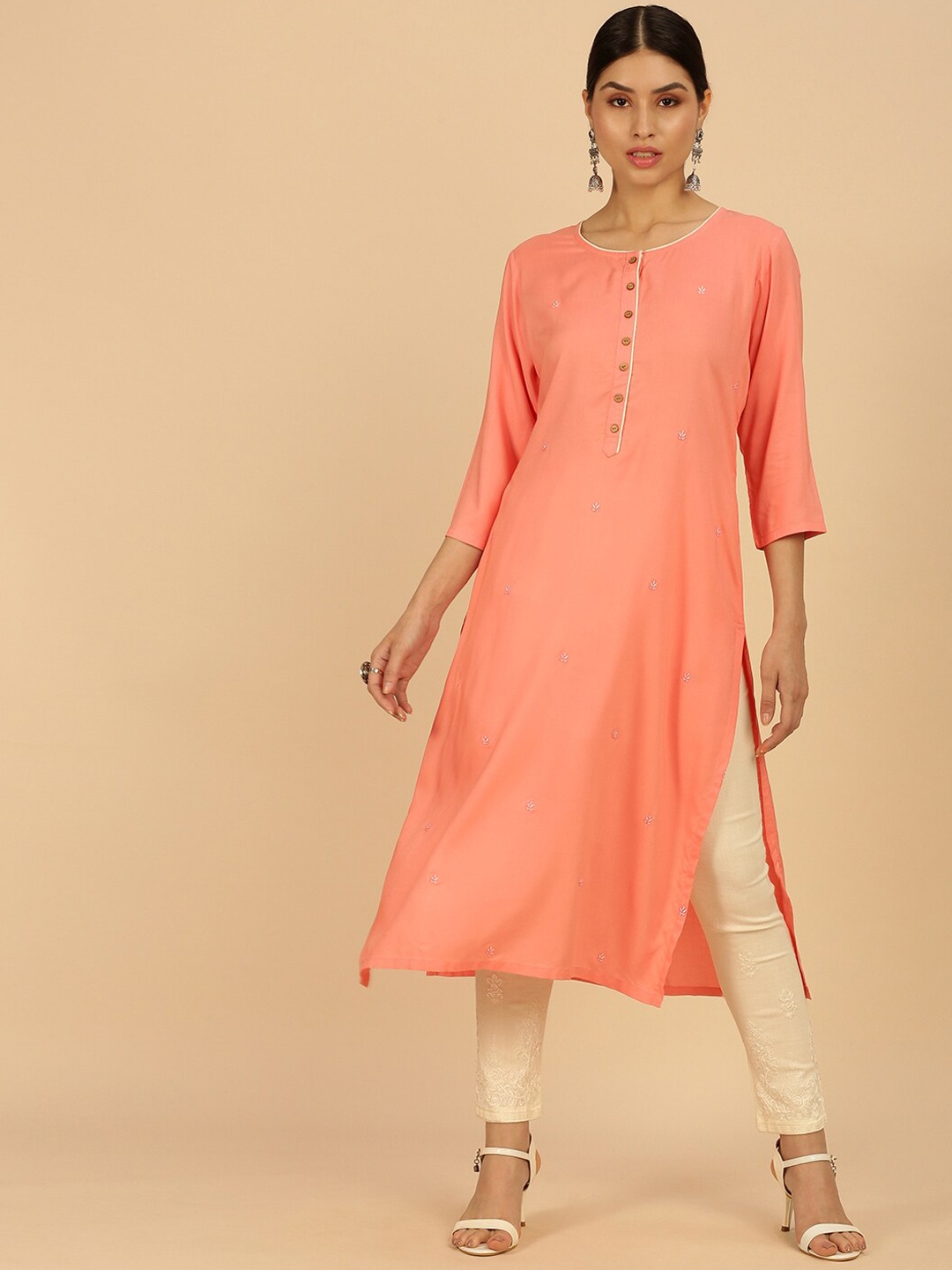 

Soch Women Peach-Coloured Thread Work Kurta