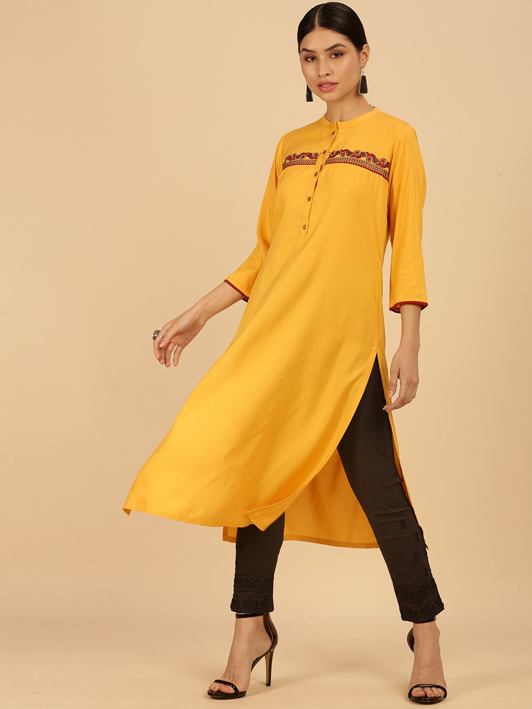 

Soch Women Mustard Yellow Ethnic Motifs Embroidered Thread Work Kurta