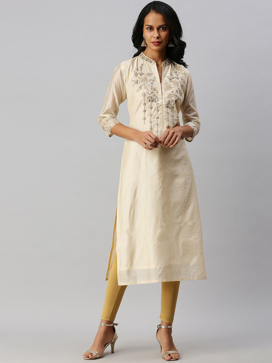 

Soch Women Beige Ethnic Motifs Embroidered Thread Work Chanderi Silk Kurta
