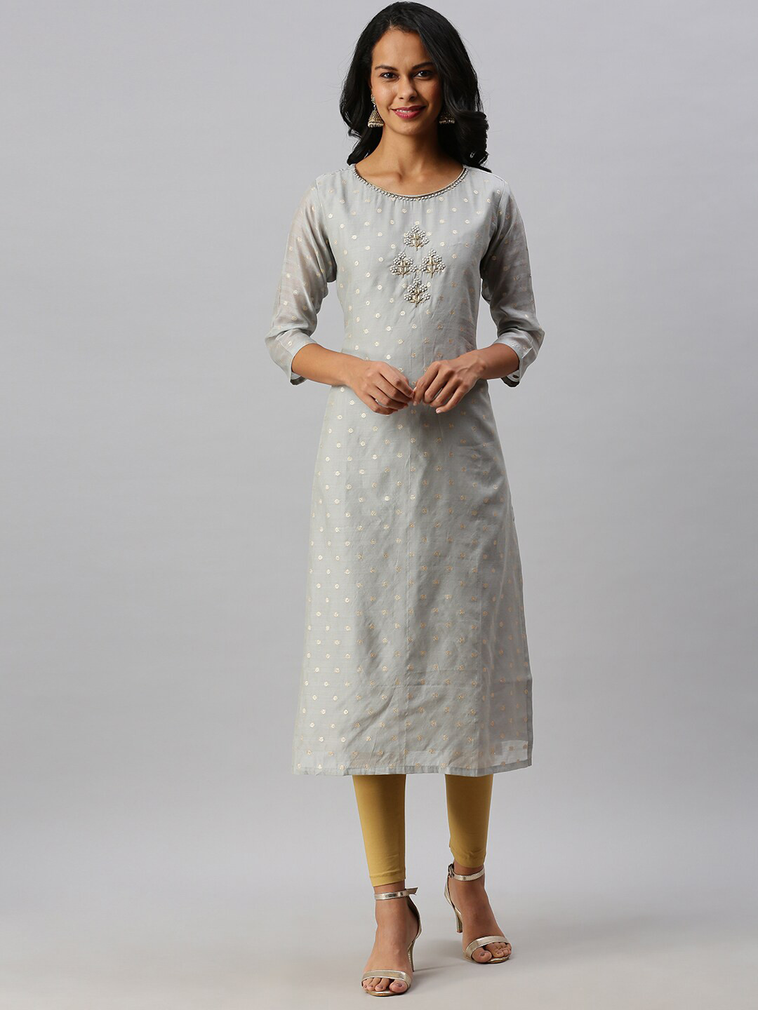 

Soch Women Grey Ethnic Motifs Embroidered Thread Work Chanderi Silk Kurta