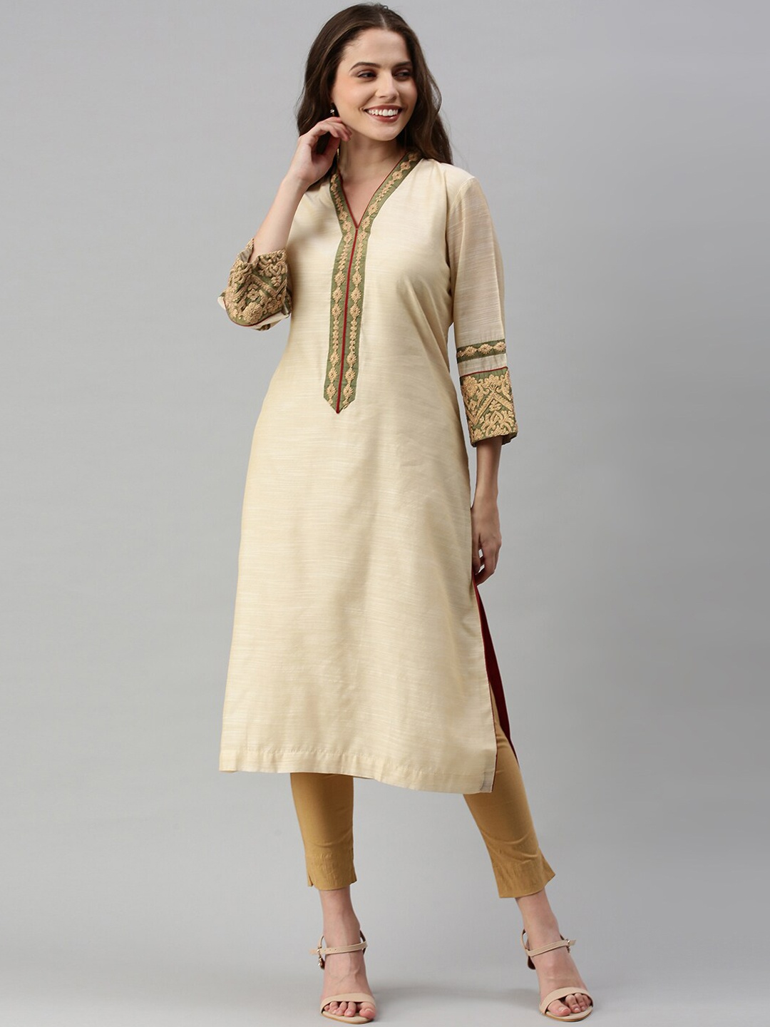 

Soch Women Cream-Coloured Ethnic Motifs Embroidered Thread Work Kurta