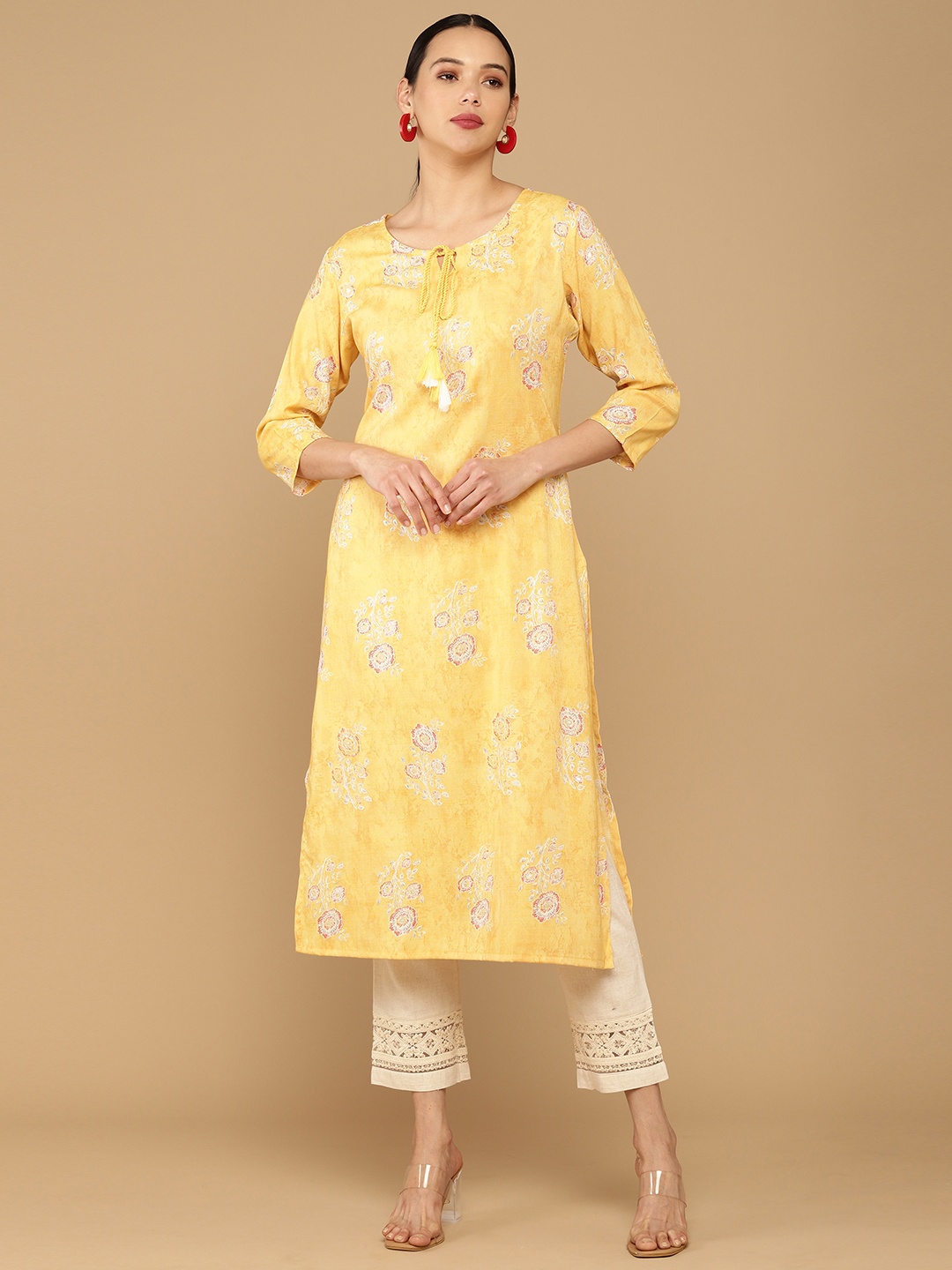 

Soch Women Yellow Ethnic Motifs Printed Keyhole Neck Kurta