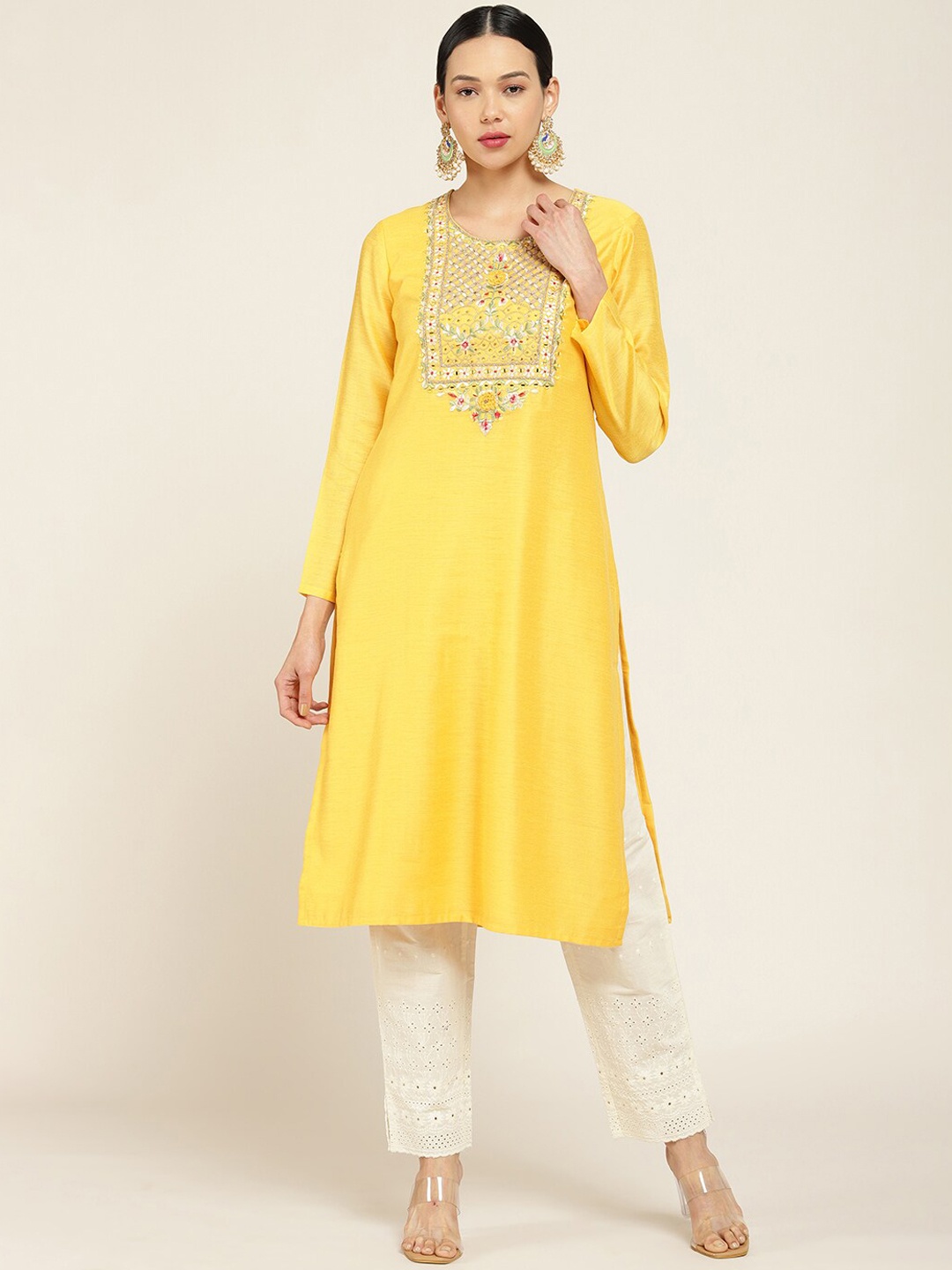 

Soch Women Yellow Ethnic Motifs Embroidered Thread Work Kurta
