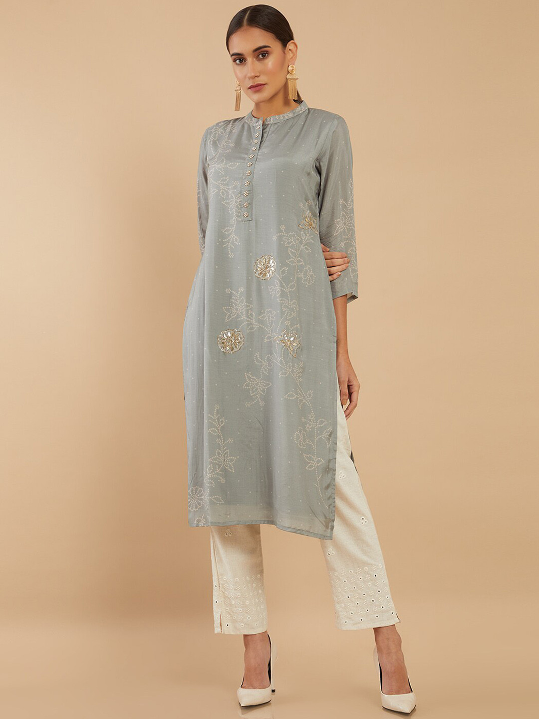 

Soch Women Grey Floral Embroidered Thread Work Chanderi Silk Kurta