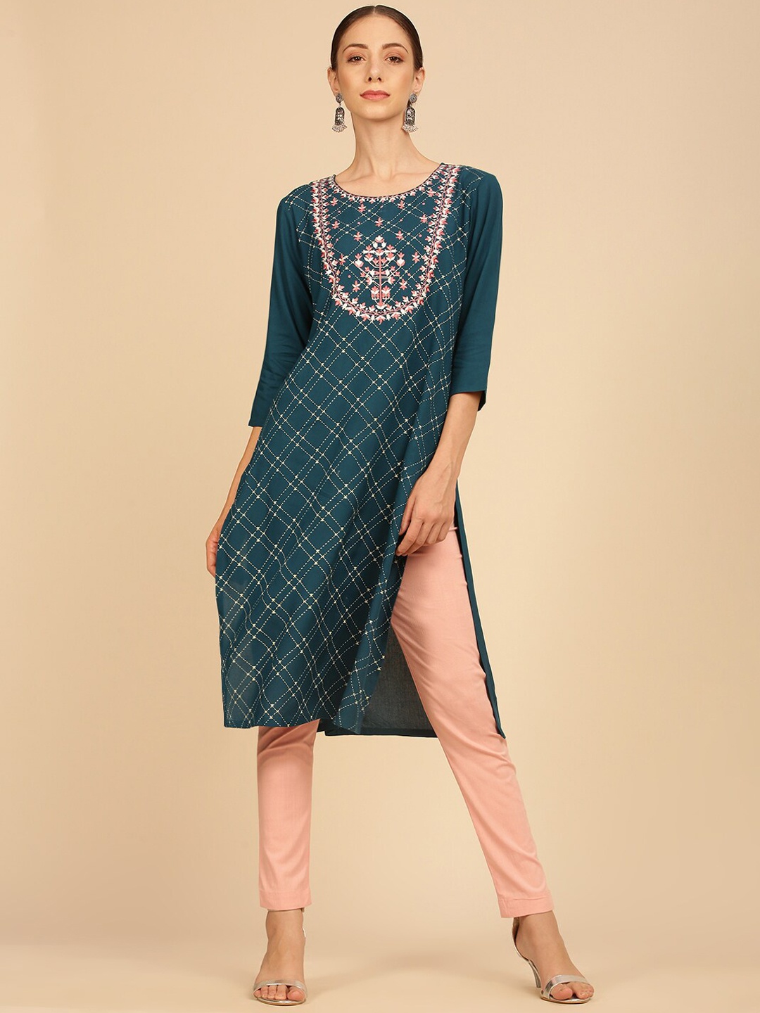 

Soch Women Teal Ethnic Motifs Printed Thread Work Kurta