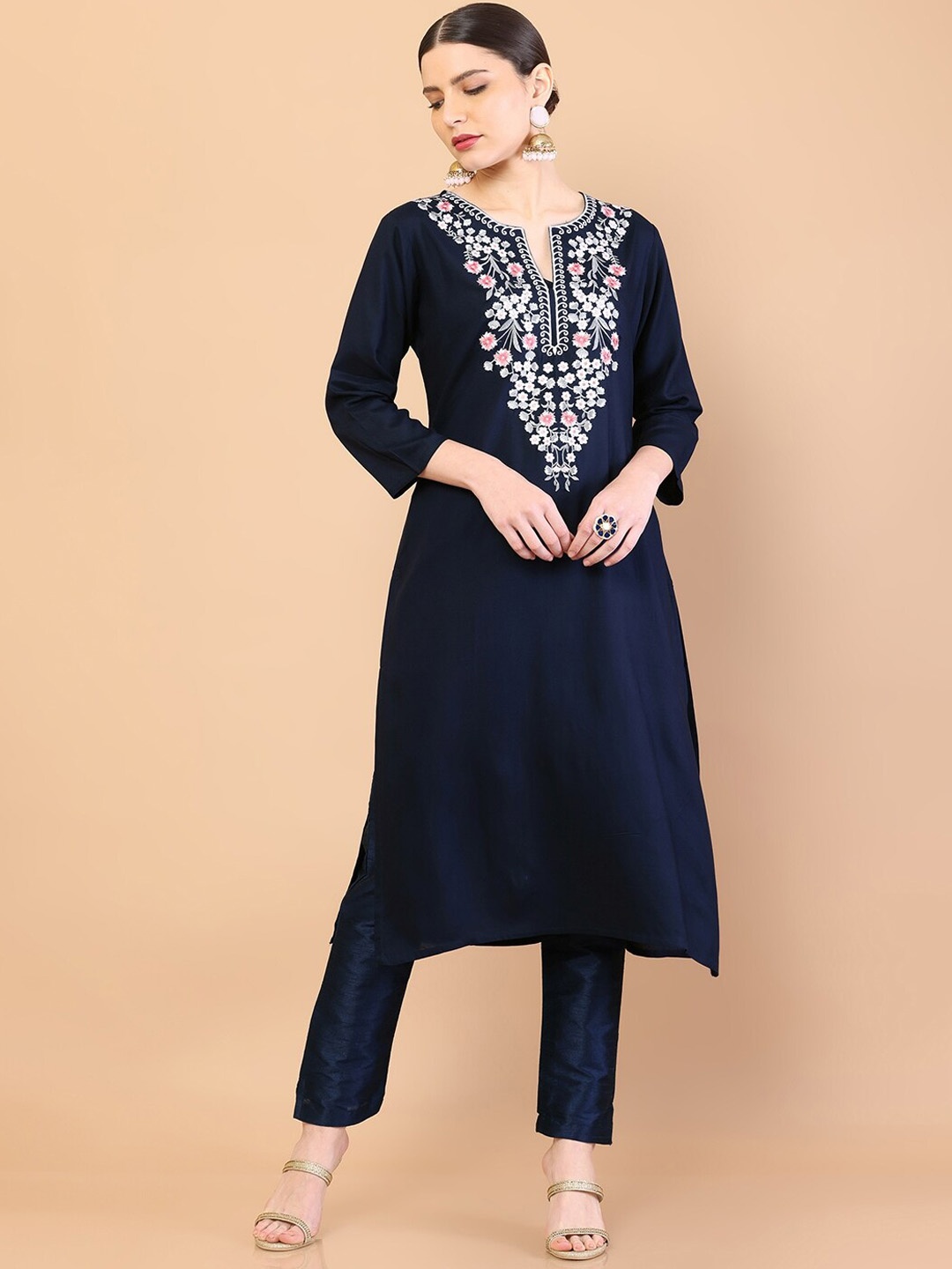 

Soch Women Navy Blue Floral Embroidered Keyhole Neck Thread Work Kurta