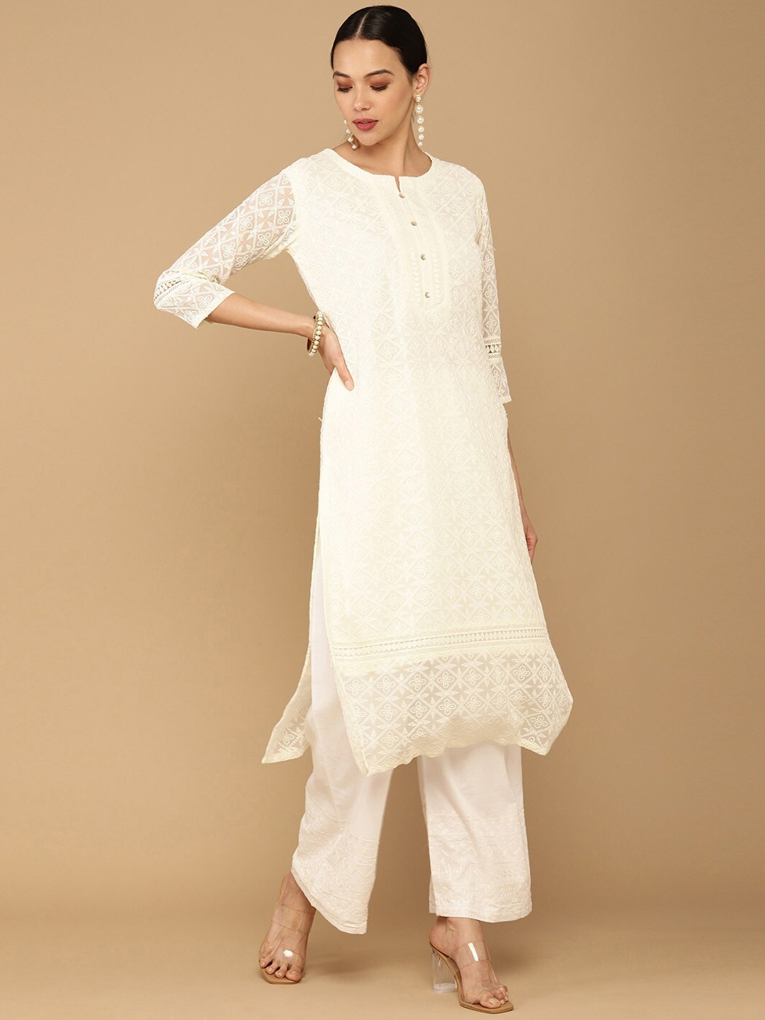 

Soch Women Cream-Coloured Keyhole Neck Flared Sleeves Gotta Patti Georgette Anarkali Kurta
