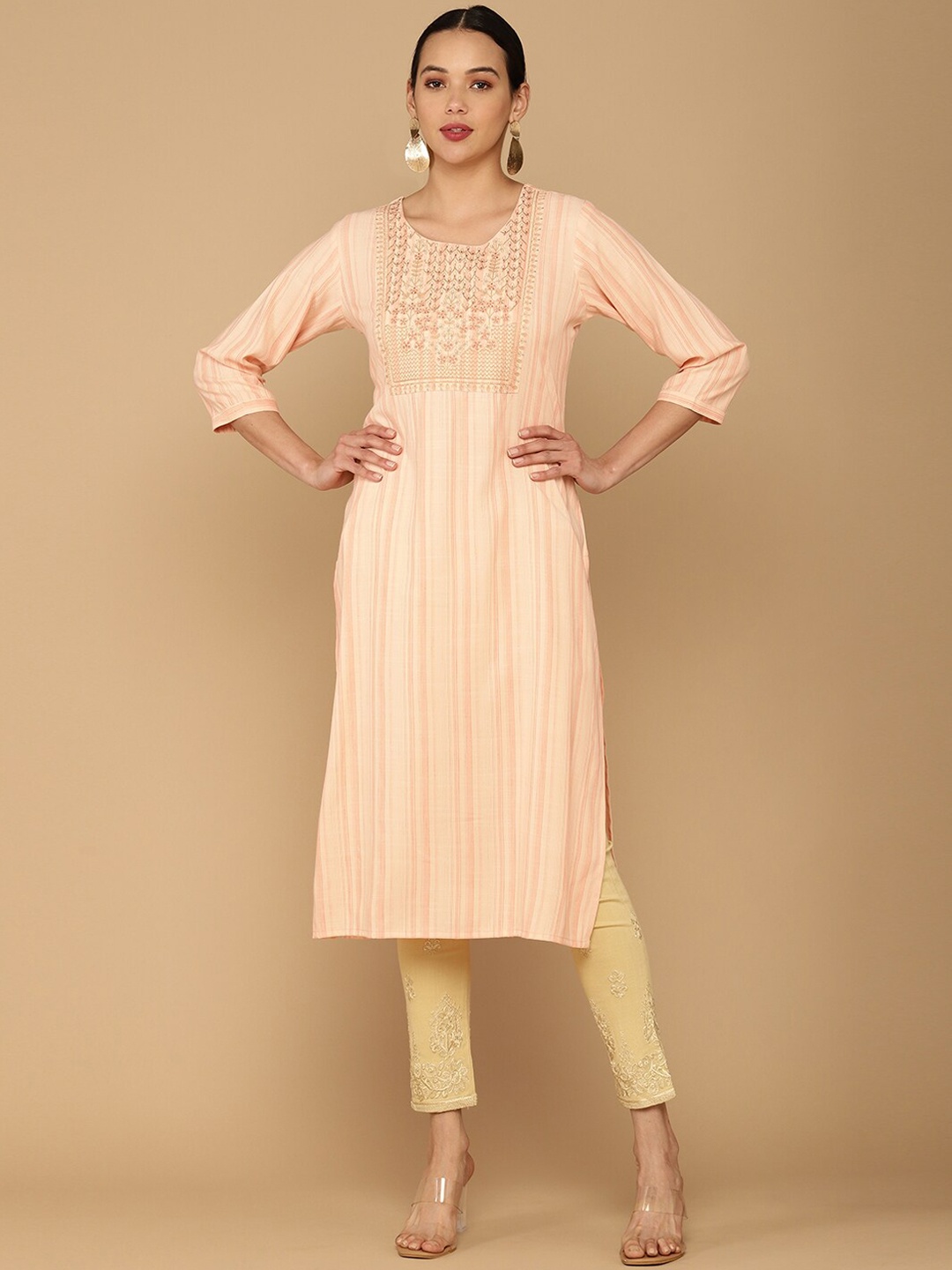 

Soch Women Peach-Coloured Yoke Design Flared Sleeves Mirror Work Kurta