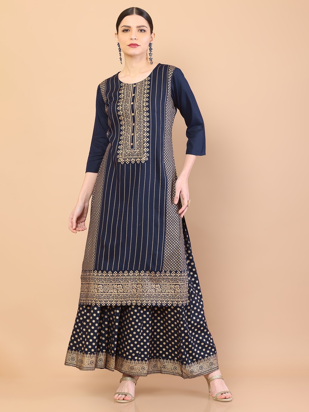 

Soch Women Navy Blue & Yellow Ethnic Motifs Yoke Design Kurta