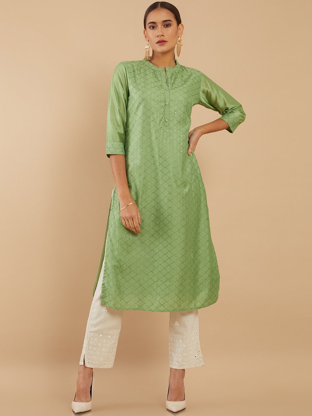 

Soch Women Green Geometric Keyhole Neck Thread Work Kurta