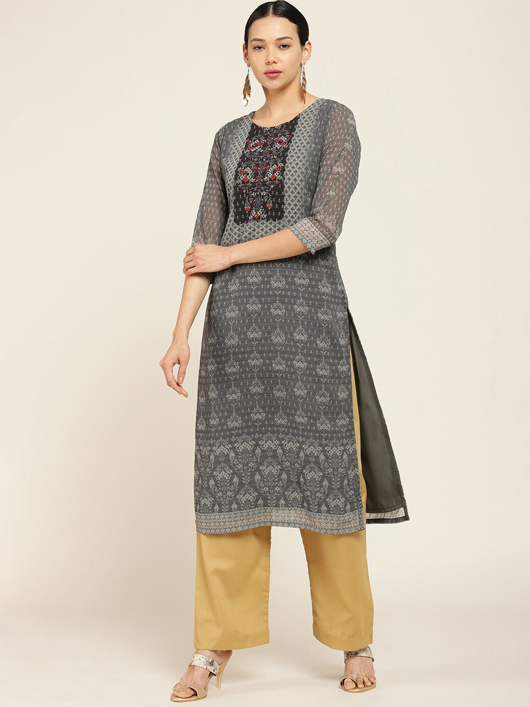 

Soch Women Grey Ethnic Motifs Printed Thread Work Georgette Kurta
