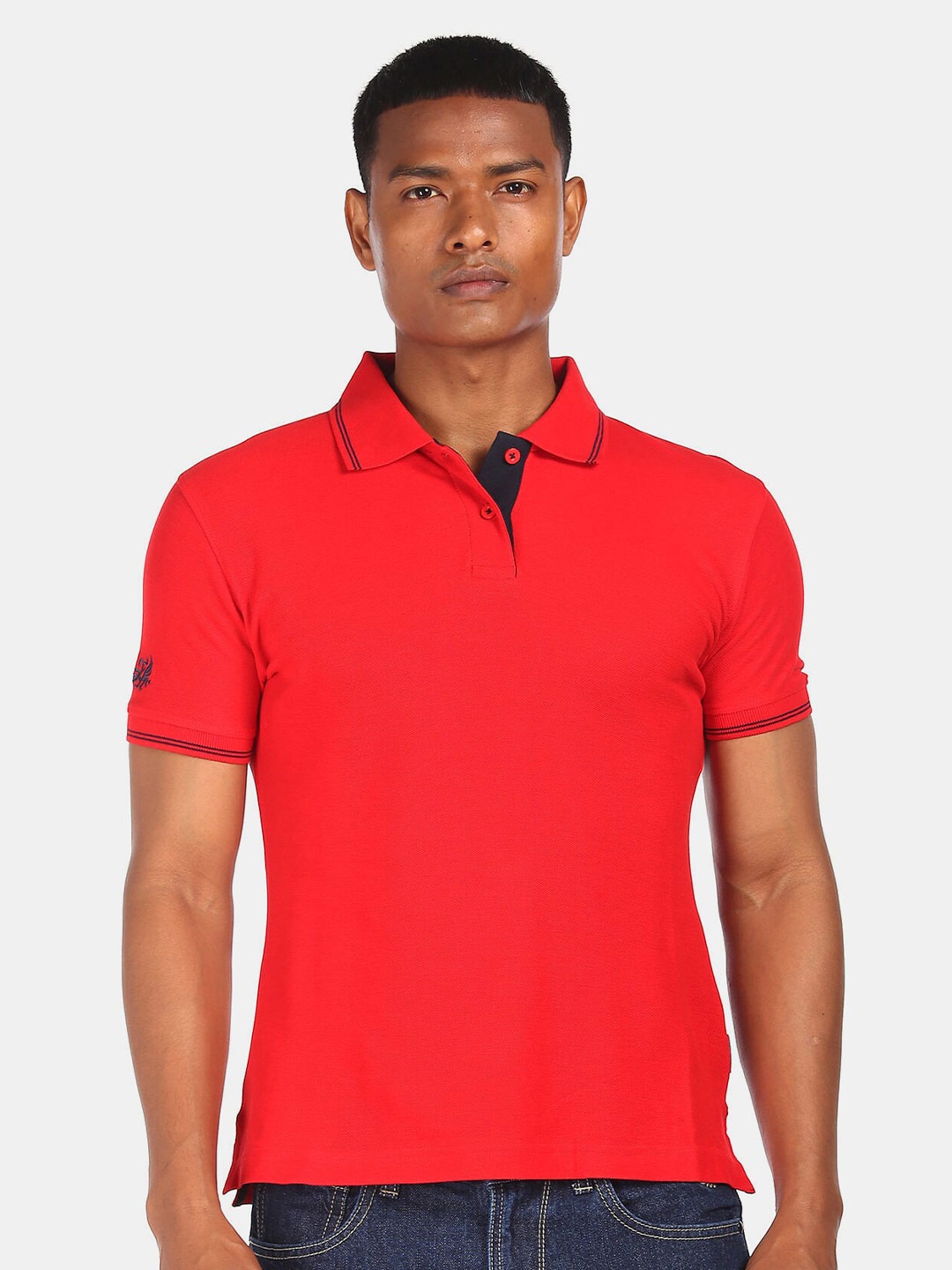 

Flying Machine Men Red Solid Polo Collar Cotton T-shirt