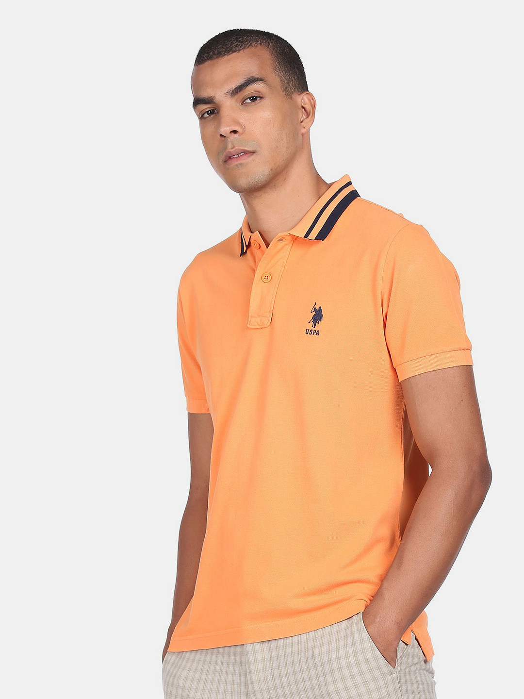 

U S Polo Assn Men Orange Polo Collar 100% Cotton T-shirt