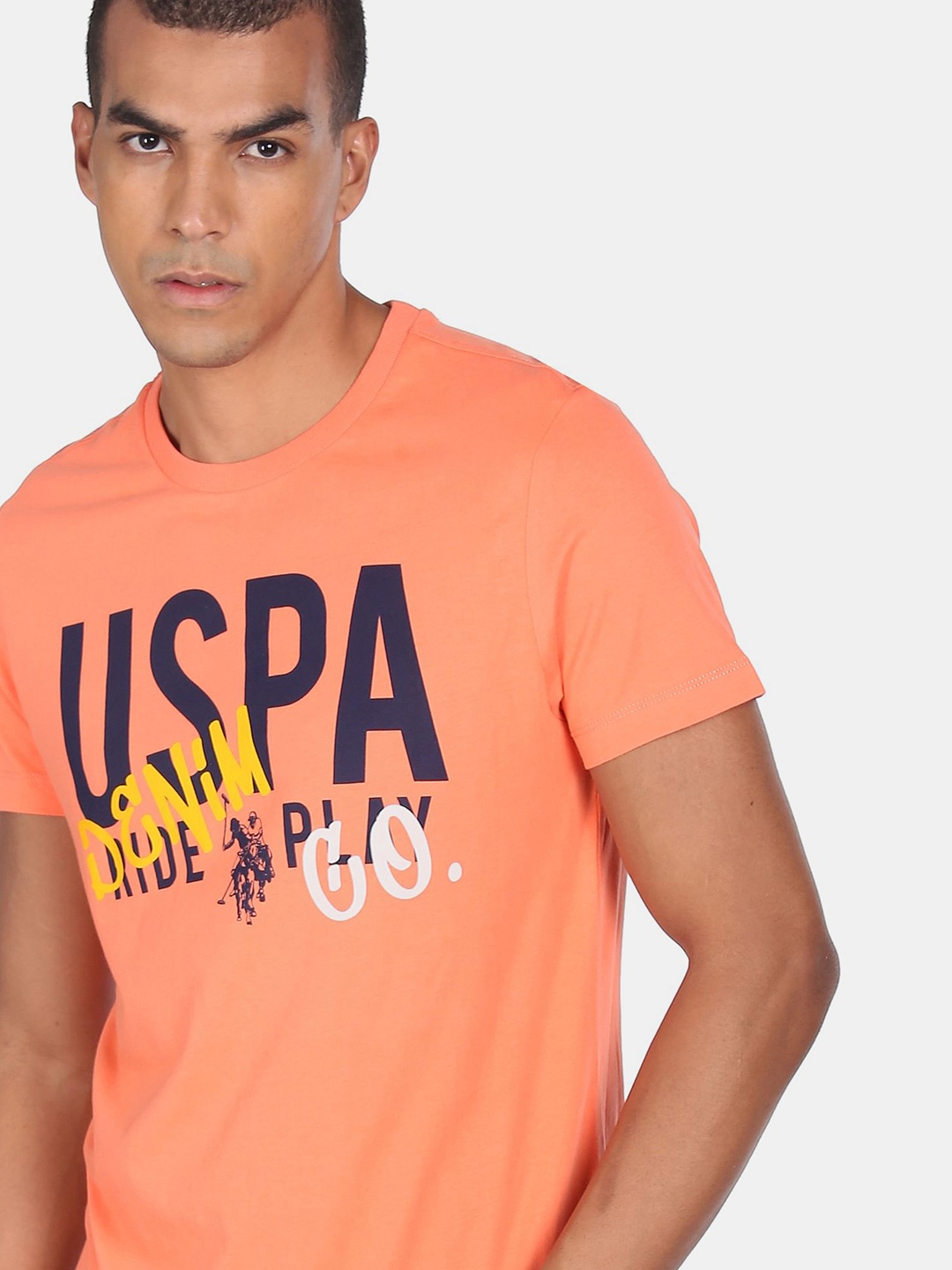 

U.S. Polo Assn. Denim Co.Men Orange Brand Logo Printed Pure Cotton T-shirt