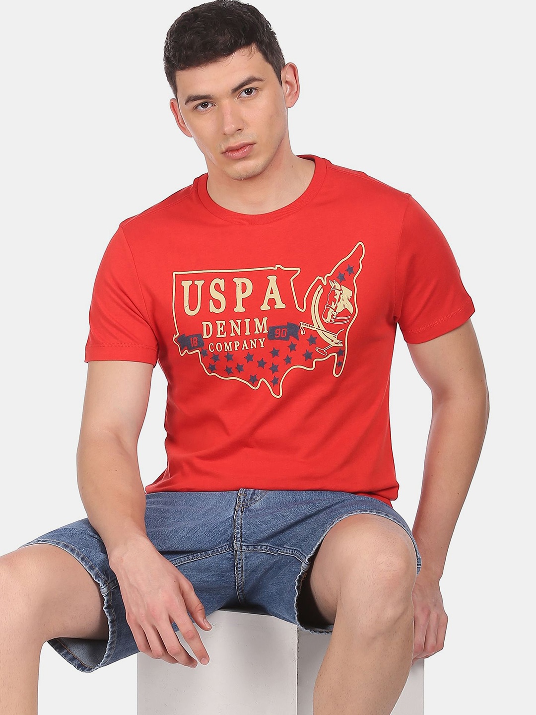 

U.S. Polo Assn. Denim Co.Men Red Typography Printed Applique T-shirt