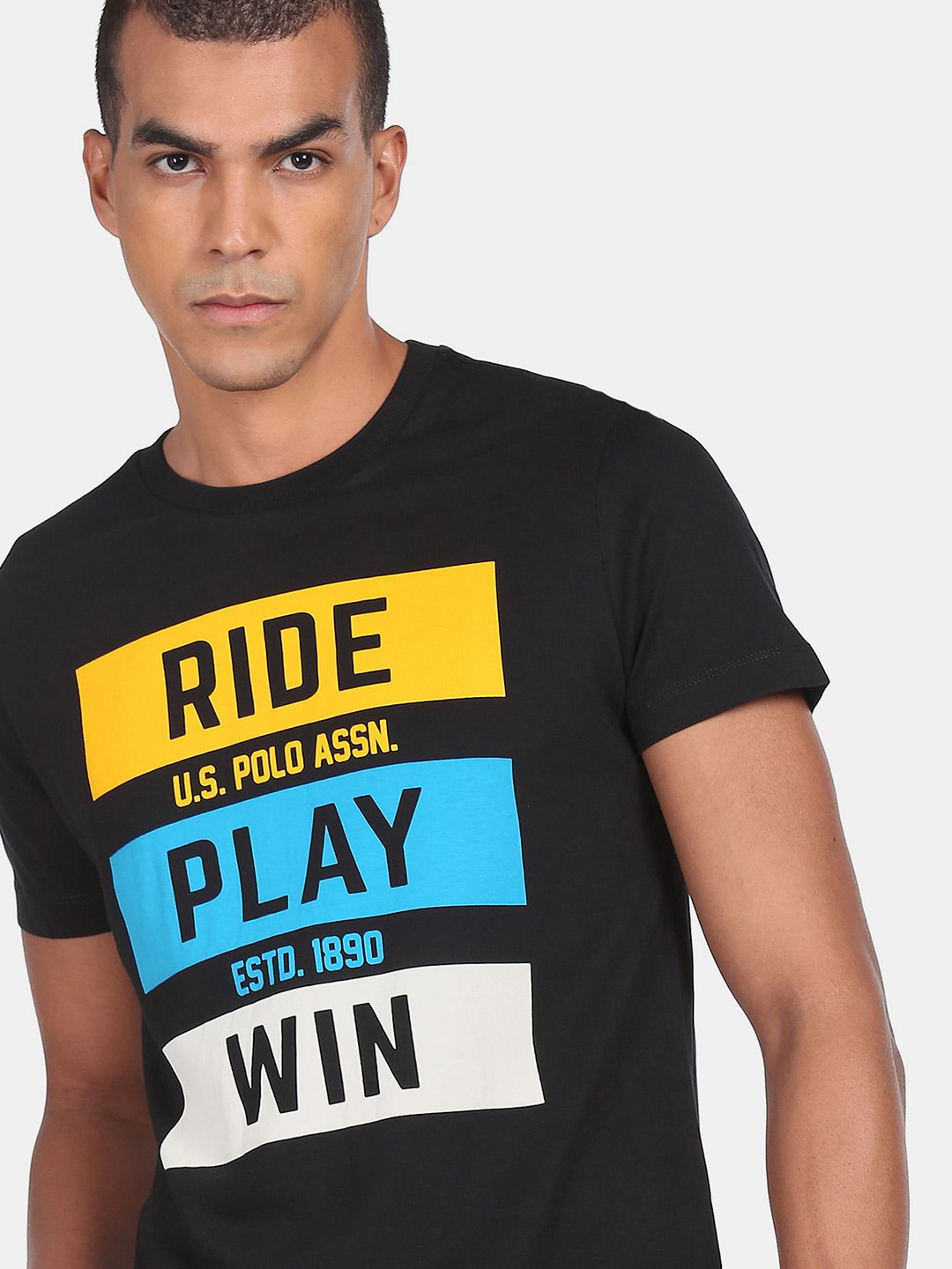 

U.S. Polo Assn. Denim Co.Men Black & Yellow Typography Printed Cotton T-shirt