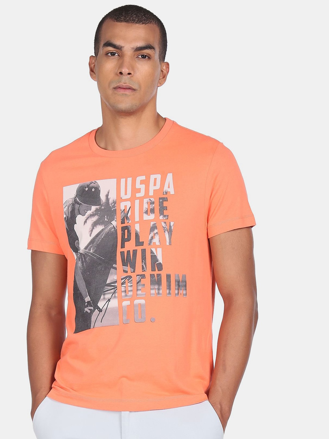 

U.S. Polo Assn. Denim Co.Men Orange Printed Cotton T-shirt
