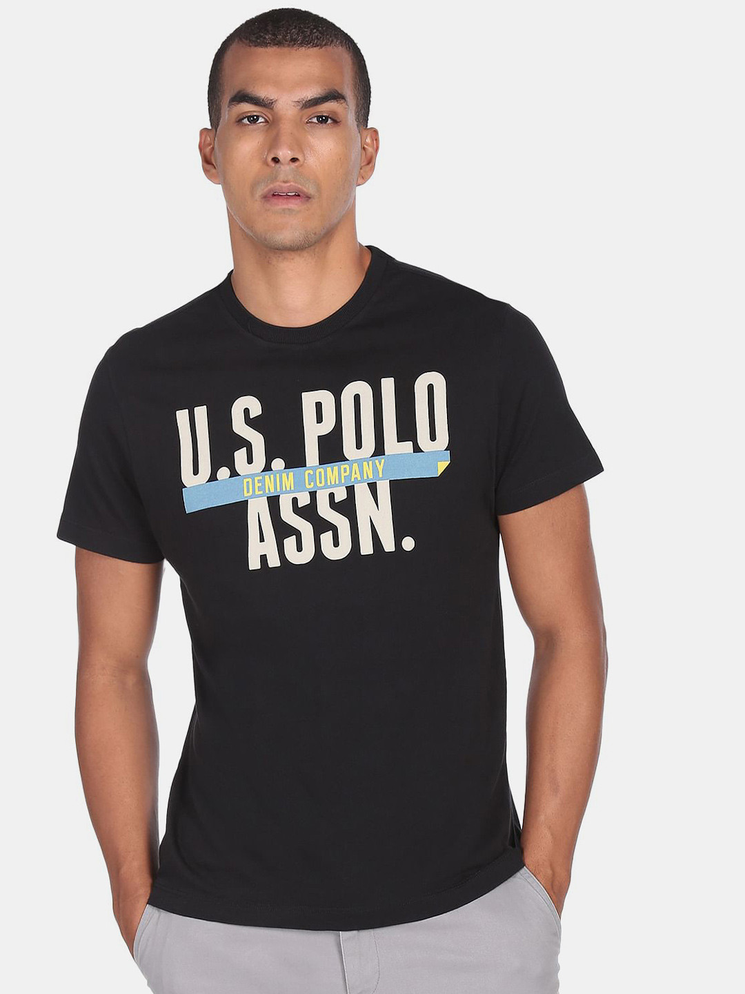 

U.S. Polo Assn. Denim Co.Men Black Brand Logo Printed Pure Cotton T-shirt
