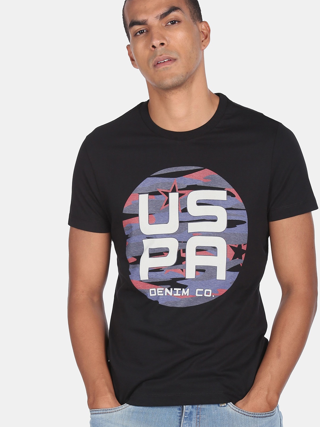 

U.S. Polo Assn. Denim Co.Men Black Printed Pure Cotton T-shirt