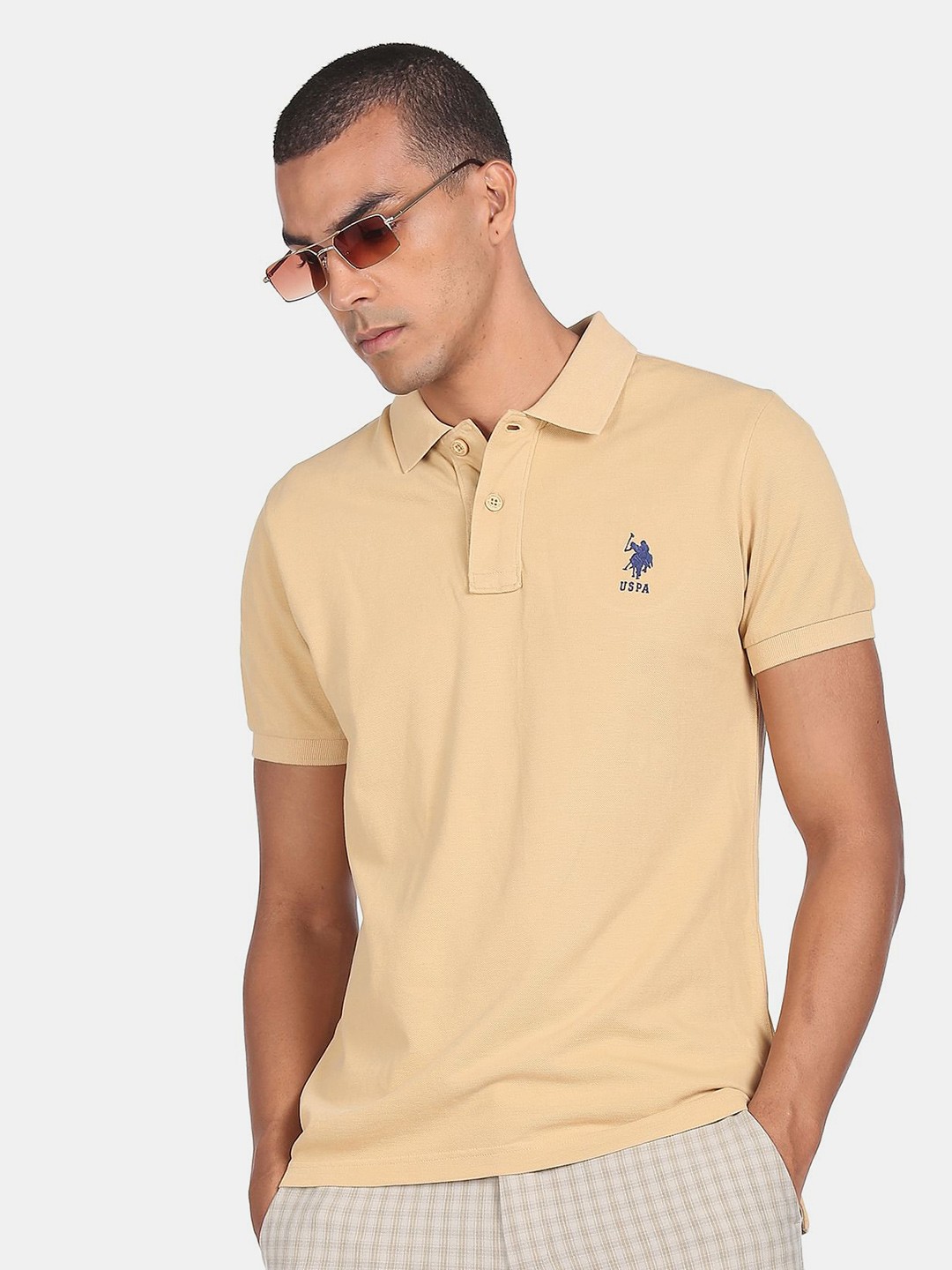 

U S Polo Assn Men Beige Polo Collar Applique T-shirt