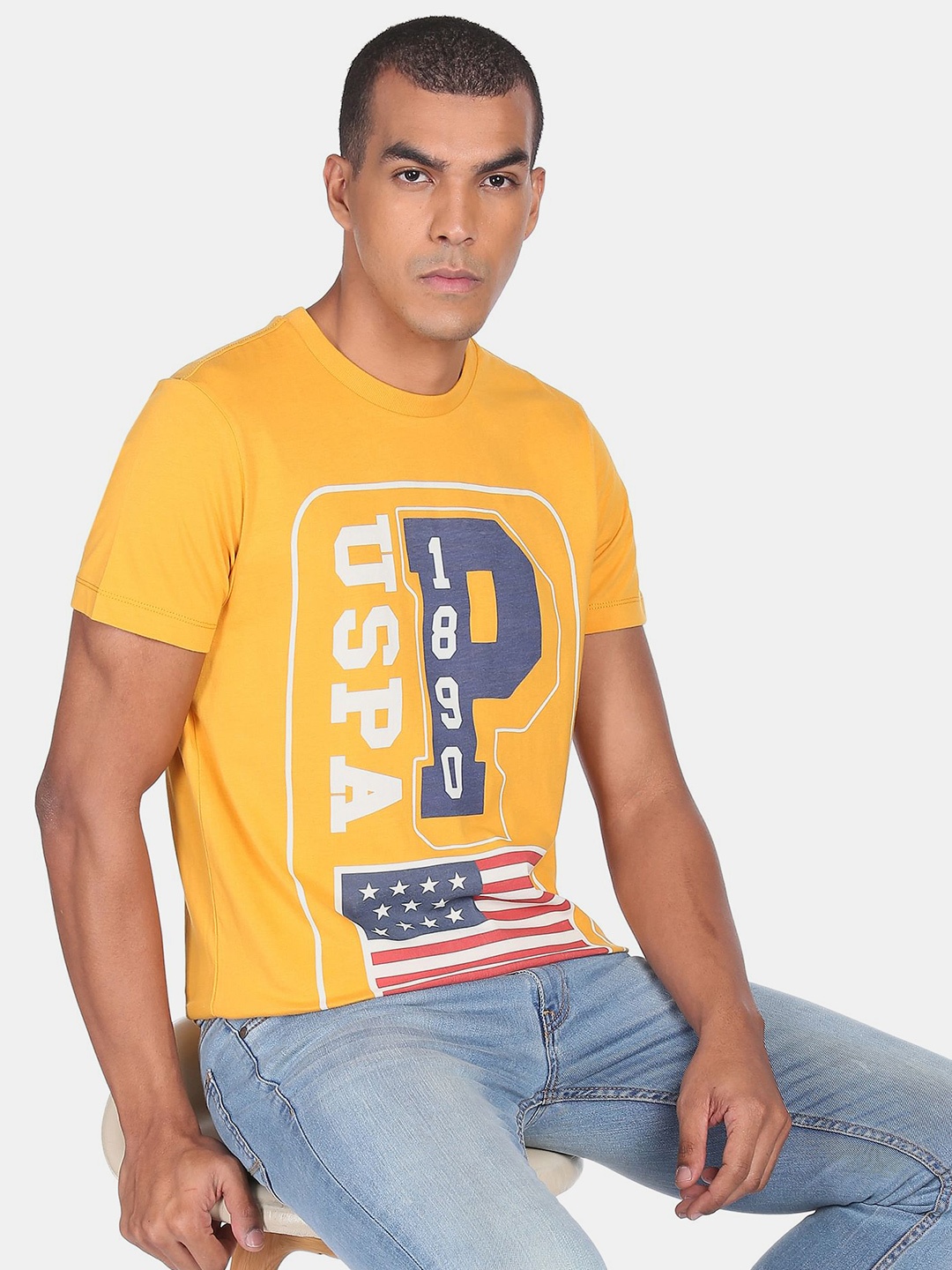 

U.S. Polo Assn. Denim Co.Men Yellow Printed T-shirt 100% Cotton