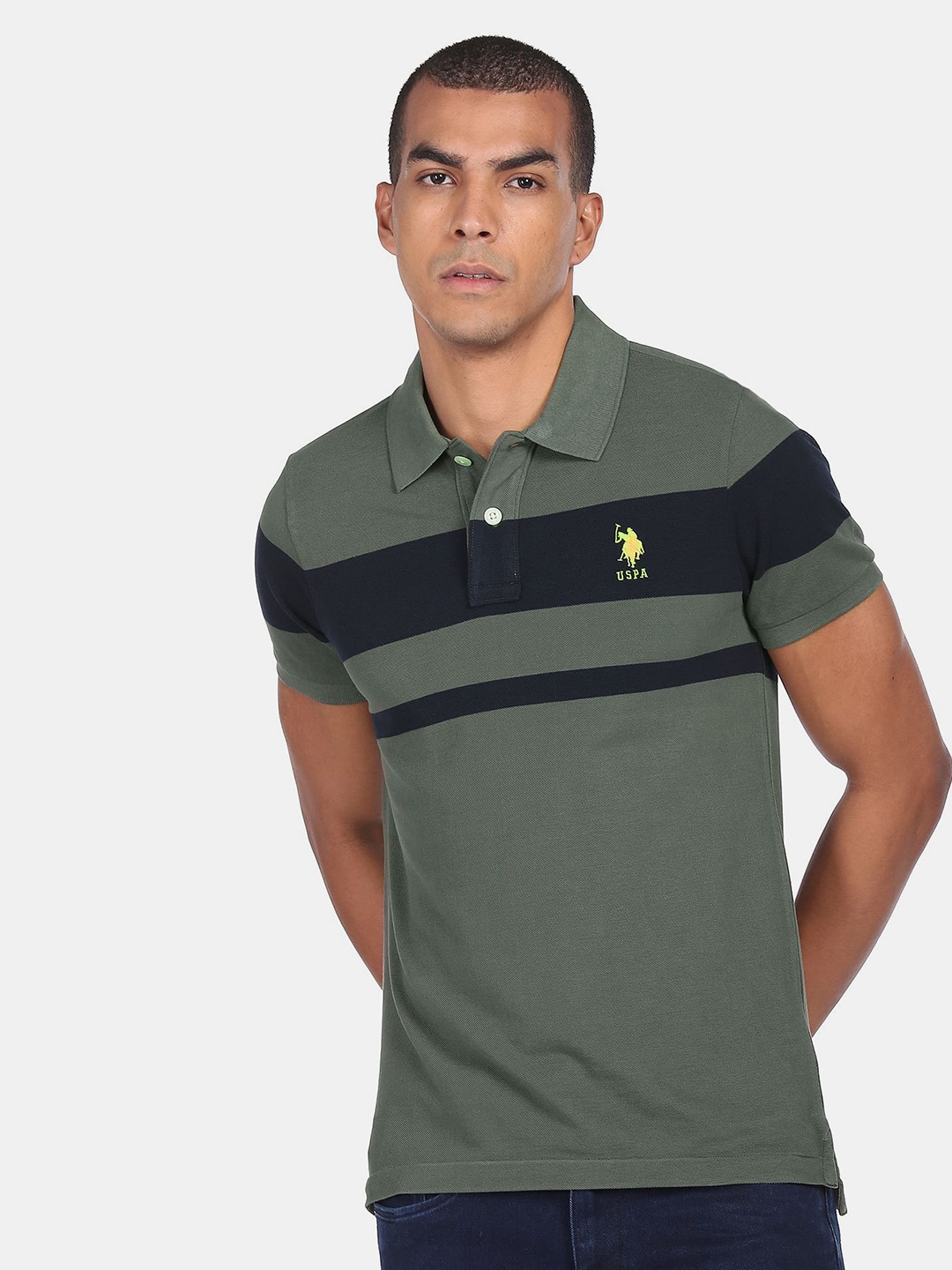 

U S Polo Assn Men Green Striped Polo Collar T-shirt