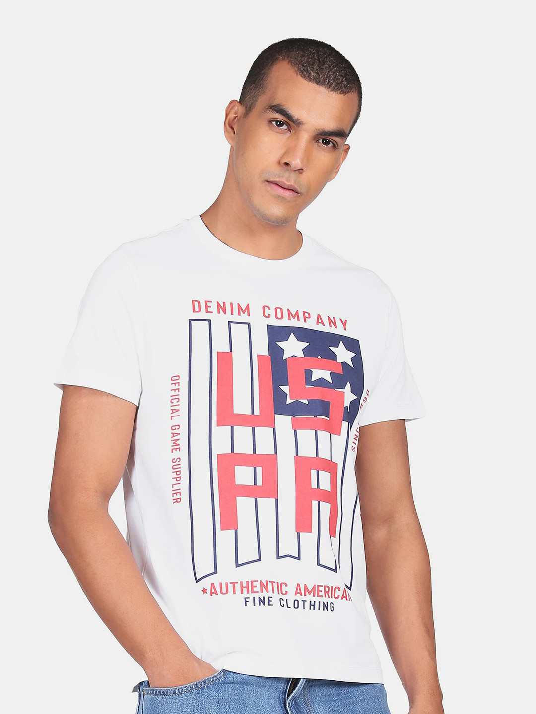 

U.S. Polo Assn. Denim Co.Men White Brand Logo Printed Pure Cotton T-shirt