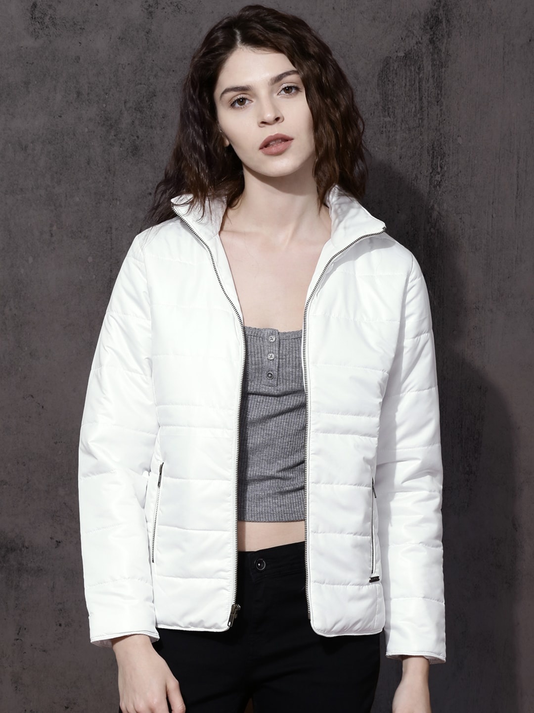 

Roadster Women White Self Design Puffer Jacket