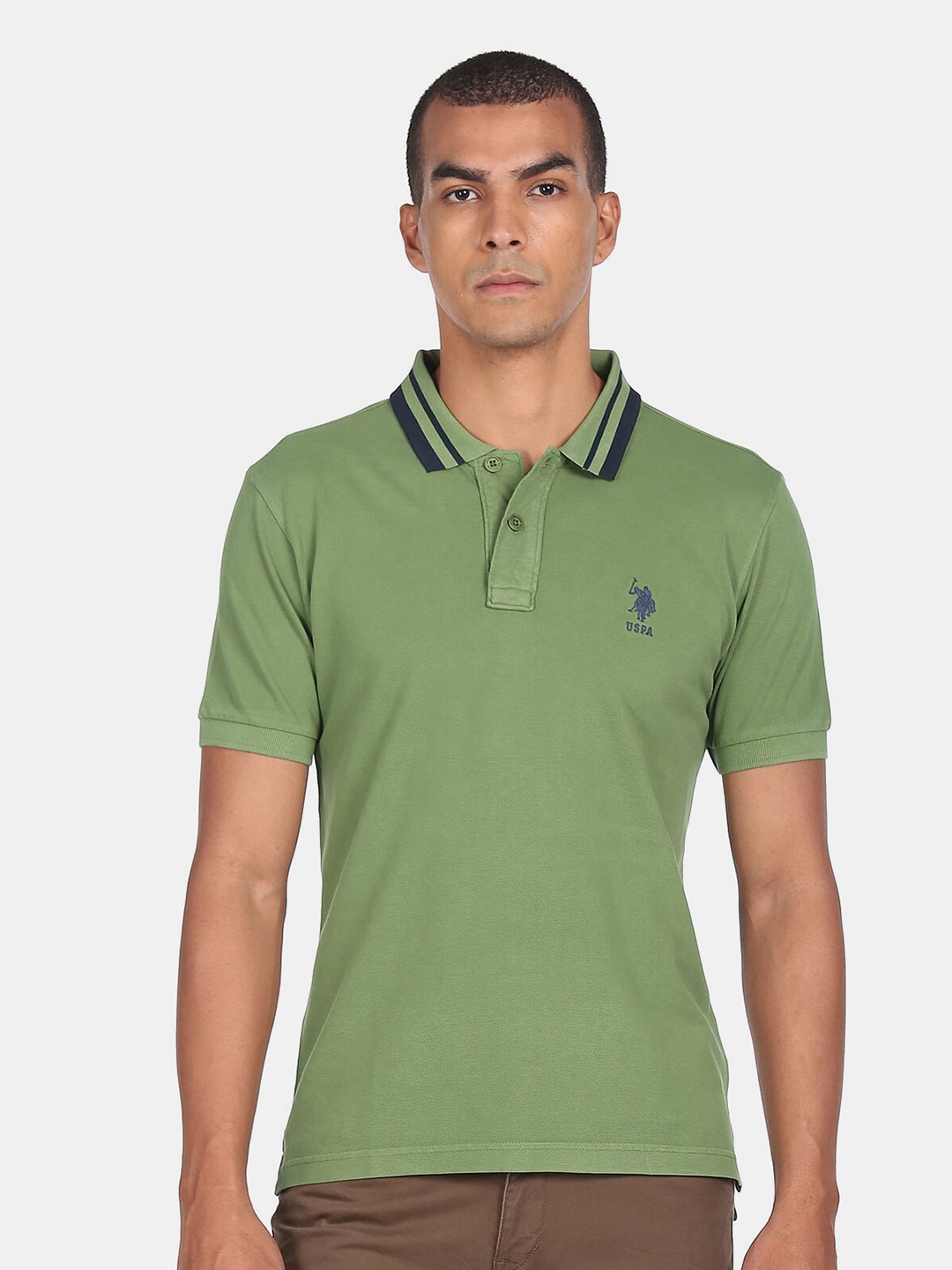

U S Polo Assn Men Green Polo Collar T-shirt