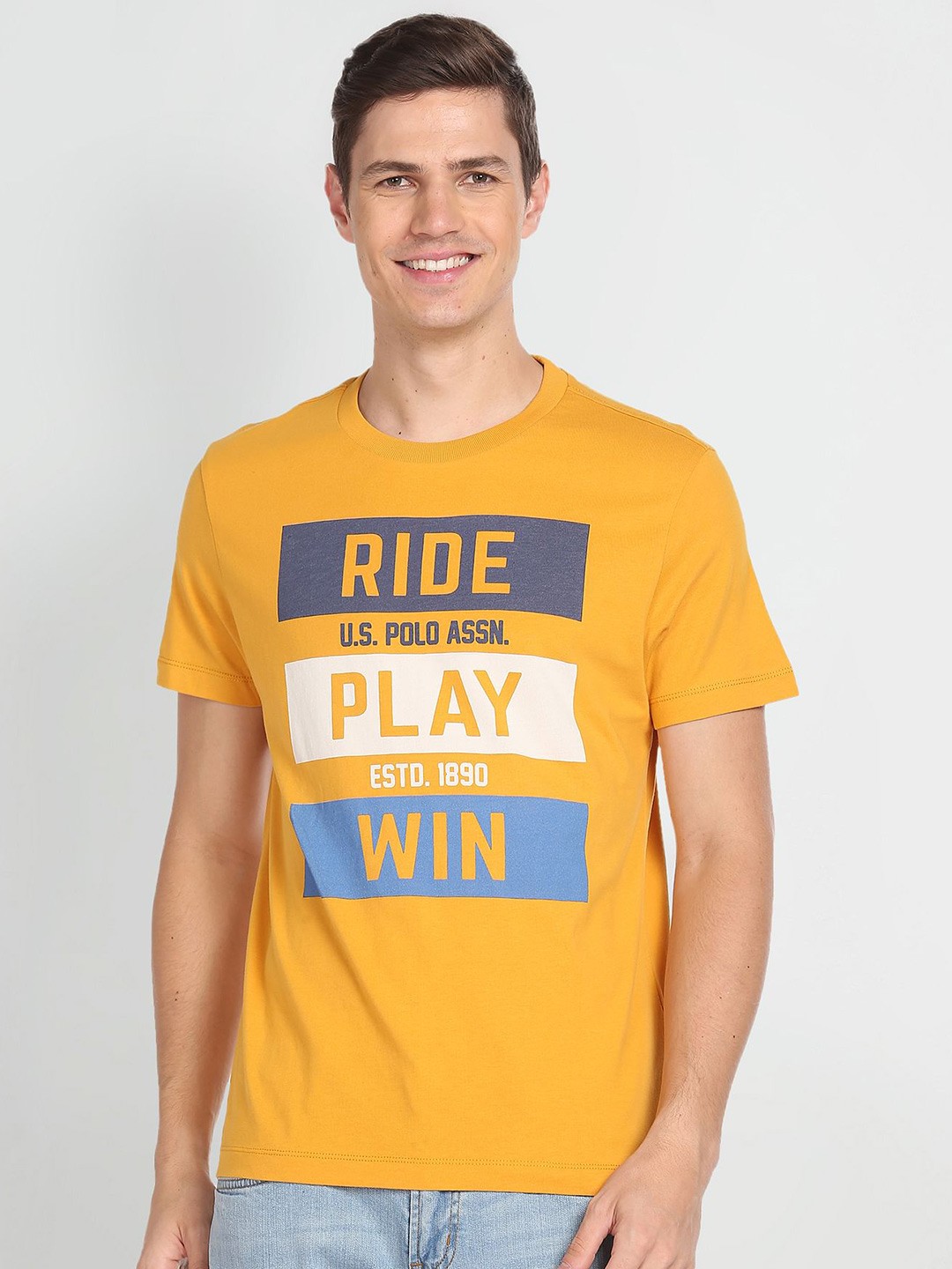 U.S. Polo Assn. Denim Co.Men Yellow Typography Printed T-shirt