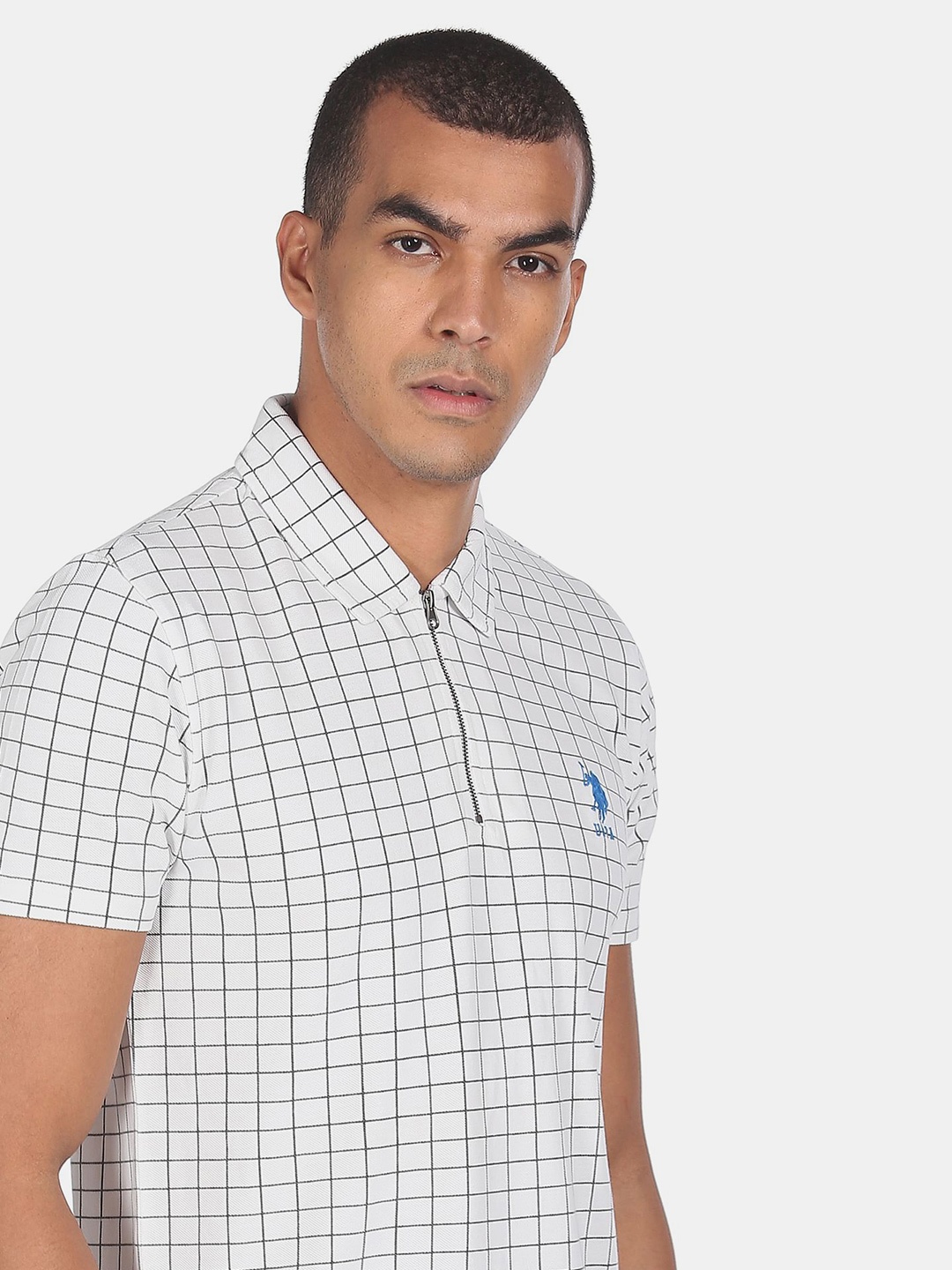 

U S Polo Assn Men White Checked Polo Collar Monochrome T-shirt