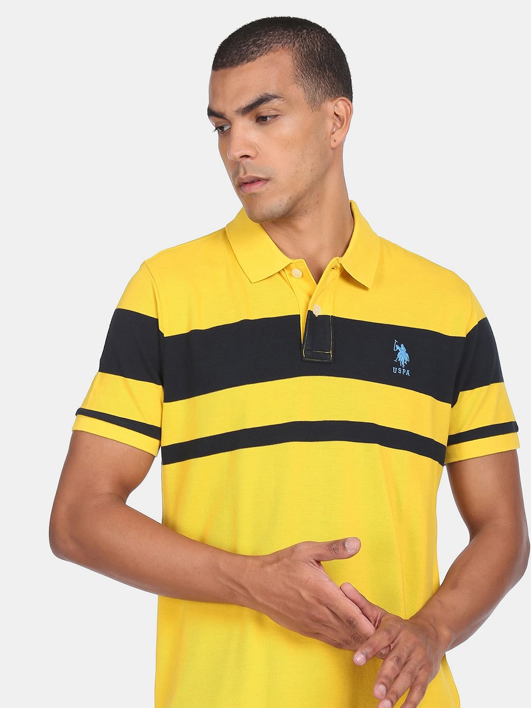 

U S Polo Assn Men Yellow & Black Striped Polo Collar T-shirt