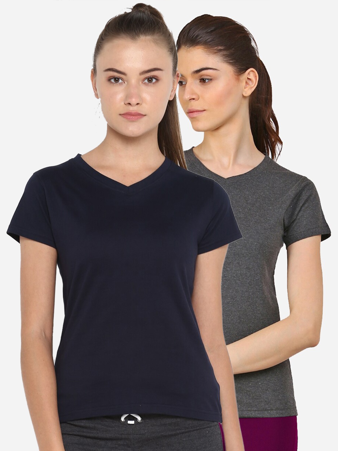 

appulse Women Navy Blue & Grey Melange 2 V-Neck T-shirt