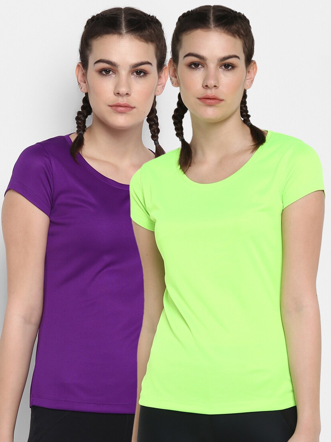 

ScoldMe Women Purple & Fluorescent Green 2 V-Neck T-shirt